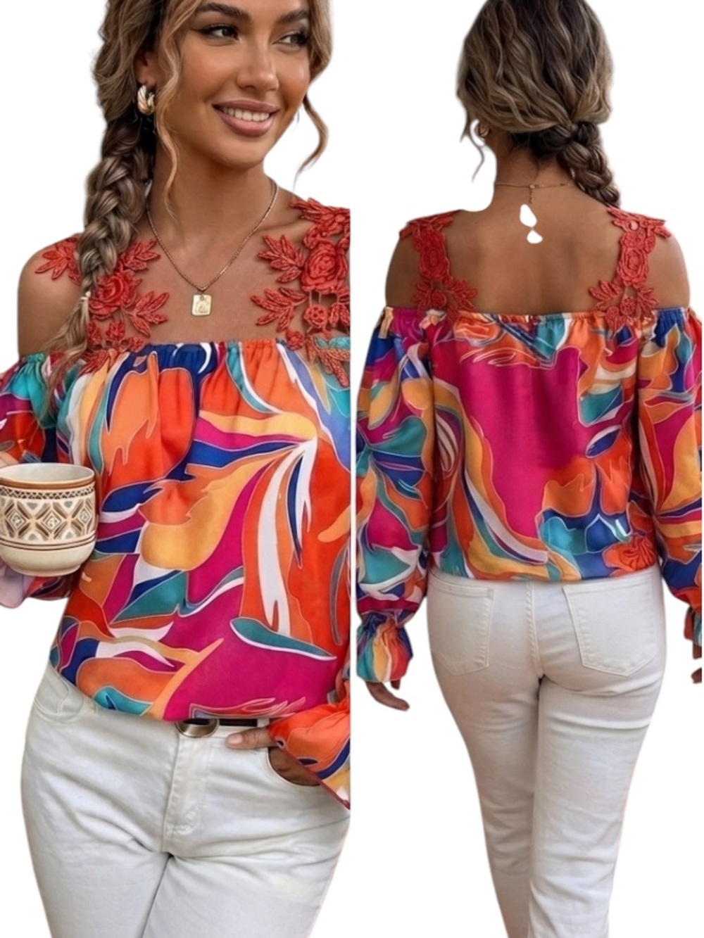 SHEIN VCAY Allover Print Guipure Lace Insert Cold Shoulder Flare Sleeve …